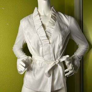 J.R. Evenings White Ruffly V-Neck Blouse with Sheer Sleeves